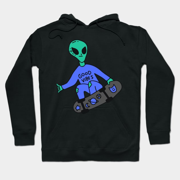 Retro Good Vibes Alien Skateboarding Hoodie by Petko121212